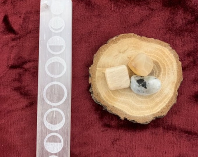 Selenite ruler with Moon Phases engraved, charging plate