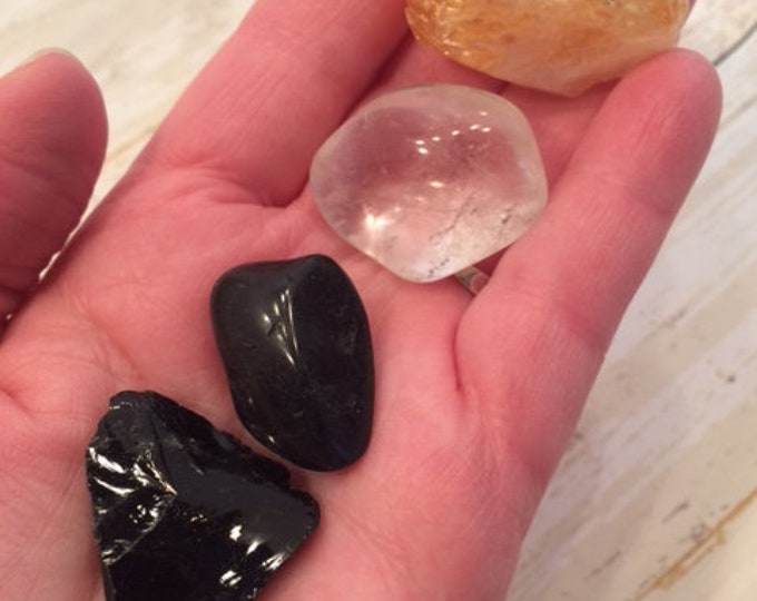 Protection Crystal Kit, Black Obsidian, Black Tourmaline, Clear Quartz, Citrine