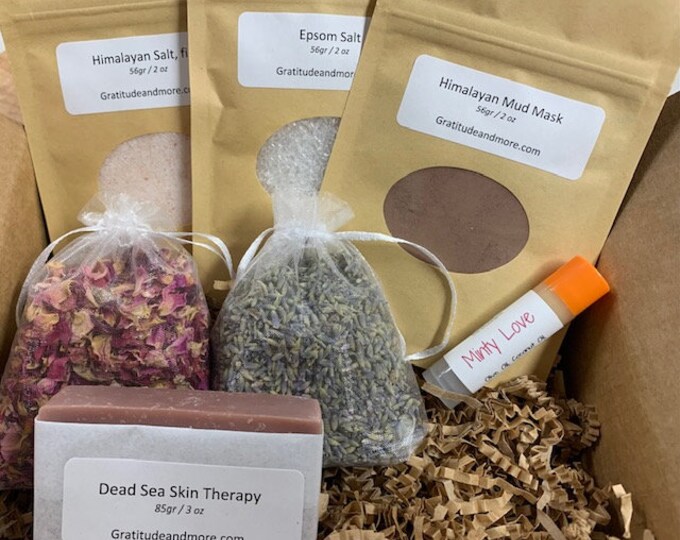 Self Care Box, Bath salts, mud mask, Lavender & Rose sachets, skin therapy soap, lip balm