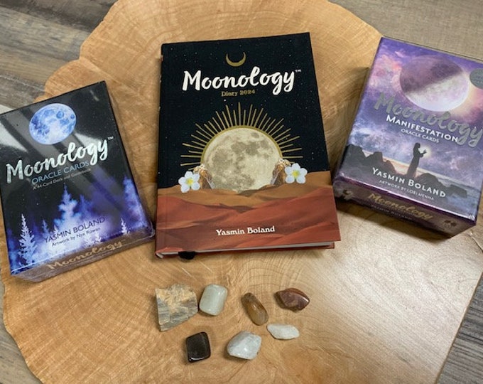 Moonology, 2024, Oracle cards, diary, Moonstone, tumbled and raw