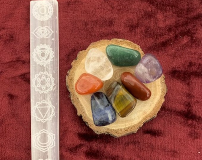 Selenite ruler with Chakra symbols engraved, charging plate