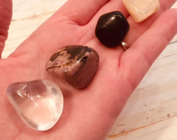 Travel Crystal Kit, Clear Quartz, Rhodonite, Black Tourmaline, Moonstone