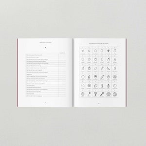 May include: A black and white checklist for introducing new foods to babies. The checklist includes a list of foods and a space to check off when the baby has tried each food. The checklist is titled "Milestone Checklist". The second page of the checklist shows a grid of 48 black and white illustrations of different fruits and vegetables.
