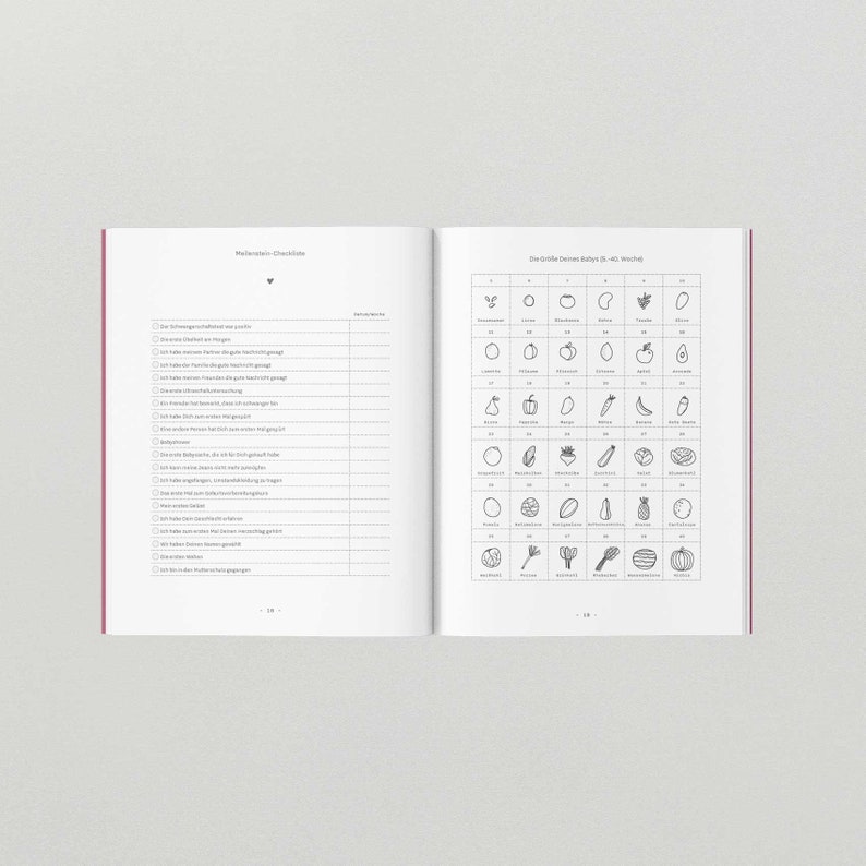 May include: A black and white checklist for introducing new foods to babies. The checklist includes a list of foods and a space to check off when the baby has tried each food. The checklist is titled "Milestone Checklist". The second page of the checklist shows a grid of 48 black and white illustrations of different fruits and vegetables.