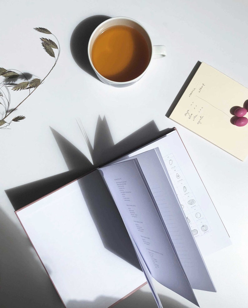 May include: An open notebook with blank pages and a few hand-drawn illustrations of fruits and vegetables. A cup of tea sits on a white surface next to a small notepad with handwritten text.