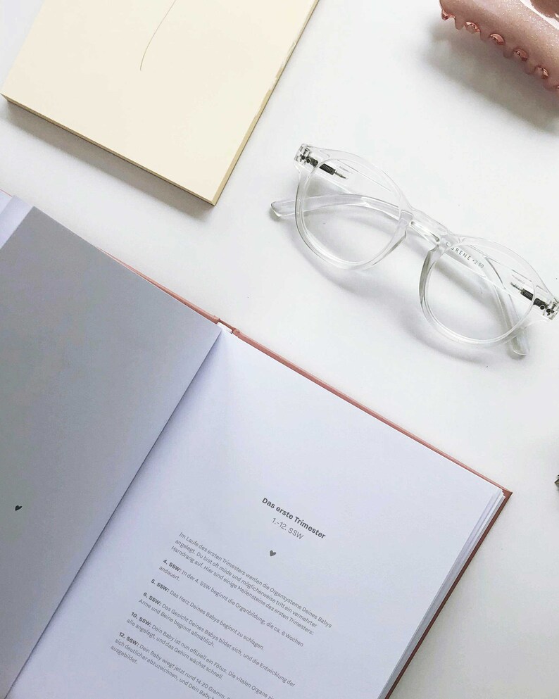 May include: Open book with a white background. The book is open to a page titled "Das erste Trimester" with text about the first trimester of pregnancy. The text is in German.