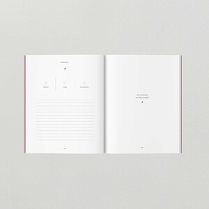 May include: An open notebook with a white cover and lined pages. The left page has the text "Du f&uuml;hlst dich..." and three circles with the words "Ruhe", "Sorge", and "&Uuml;berforderung". The right page has the text "Hier ist Platz f&uuml;r das Unwichtigste."