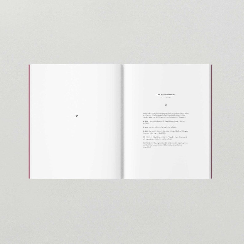 May include: An open book with a white background and black text. The text reads "Das erste Trimester 1 - 12 SSW".