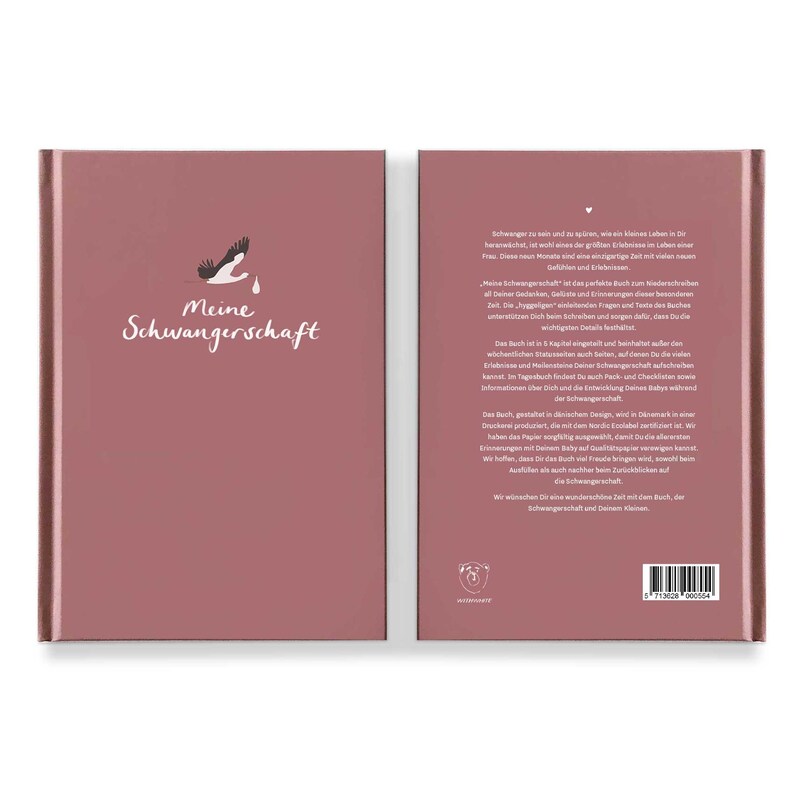 May include: A pink book with the title "Meine Schwangerschaft" on the front cover. The back cover has text about the book and its contents.