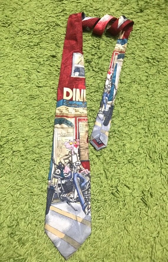 pink panther necktie motorcycle biker animal silk tie Italy 1993 vintage MGM vintage thunder road diner leather jacket Harley Davidson