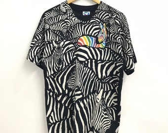 Vintage 1993 Greg Genrich Rainbow Zebra Liquid Blue Tshirt..Size L..Made in USA