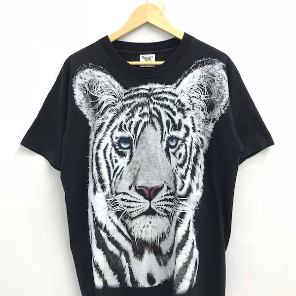 Free Shipping! Vintage 1994 White Tiger Fullprint Tshirt..Size L..Liquid Blue Design..Made in USA