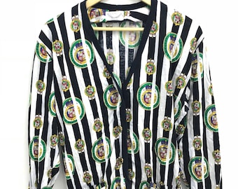 Cárdigan vintage con estampado completo de Vittoria Mainini: Top a rayas con botones, hecho en Italia