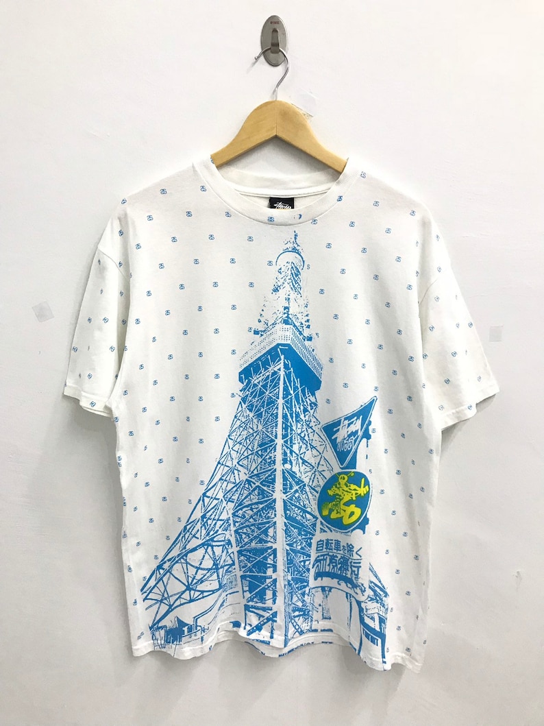 Vintage Stussy Eiffel Tower Fullprint Spellout tshirt..Streetwear..Size L