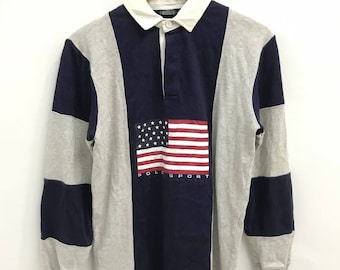 Vintage jaren 90 poloshirt Ralph Lauren rugbyshirt Amerikaanse vlag (maat L)