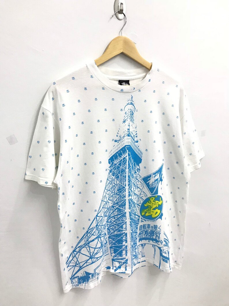 Vintage Stussy Eiffel Tower Fullprint Spellout tshirt..Streetwear..Size L