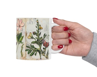 Botanical & Joy Butterfly keramische mok: koffiekopje in vintagestijl met bloemen