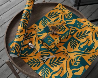 Matisse Style Floral Pattern Wrapping Paper | Teal and Mustard Botanical Roll