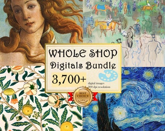 May include: A digital art bundle featuring famous paintings and patterns. The image includes a portrait of a woman, a horse race scene, a floral pattern, and Van Gogh's Starry Night. The text reads "WHOLE SHOP Digitals Bundle 3,700+".