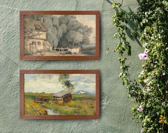 French Country Digital Prints, Châteaucore Antique Wall Art Download, Vintage European Landscape Art Printable, Rustic Cottagecore Set of 2