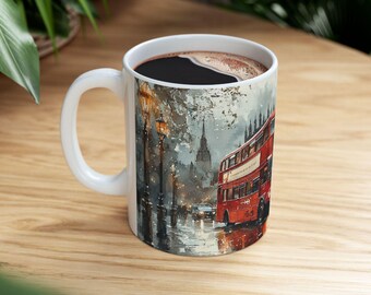 Watercolor London Illustrated Mug, Ceramic Coffee Cup 11oz