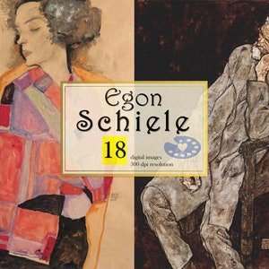 Puede incluir: Una colección de arte digital de 18 pinturas de Egon Schiele. La colección incluye un retrato de una mujer con un vestido colorido y un retrato de un hombre sentado en una silla. El texto "Egon Schiele 18" se muestra en el centro de la imagen.