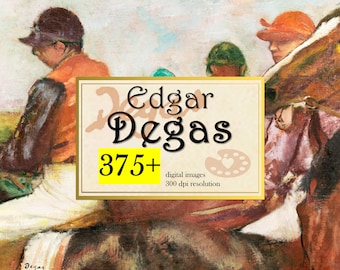 May include: A painting by Edgar Degas depicting three jockeys on horseback. The painting is in a warm color palette with browns, oranges, and yellows. The jockeys are wearing colorful clothing and riding brown horses. The painting is titled "Edgar Degas" and includes the text "375+ digital images 300 dpi resolution".