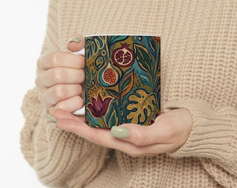 Botanical Pomegranate Floral Pattern Mug | Ceramic Coffee Tea Cup