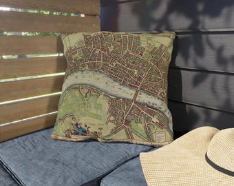 Vintage buitenkussen met kaart van Londen | Antieke kaart rivierstad plaid