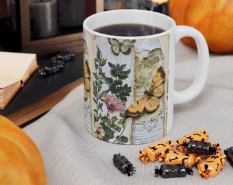 Botanical Butterfly Ceramic Mug: Floral Kitchen Decor, Nature Lover Gift