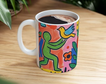 Matisse Style Ceramic Mug | Abstract Folk Art, Bold Color Coffee Cup