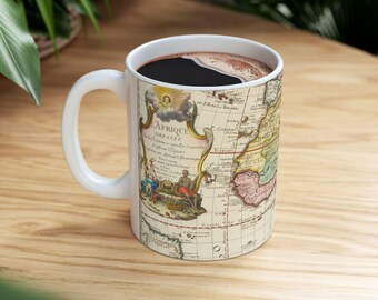 Keramische mok vintage kaart van Afrika, koffiekopje Afrikaans continent, Guillaume Danet Design, cadeau aardrijkskunde, souvenir reiziger, geschiedenisliefhebber
