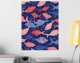Matte poster met koraal en marineblauw vissenpatroon | Oceaanprint