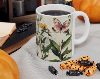 Keramische mok vintage bloemenvlinder: drinkgerei natuurliefhebber