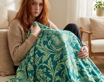 William Morris Style Turquoise Damask Fabric | Vintage Floral Scroll Upholstery Fabric