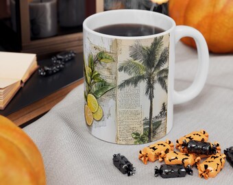 Keramische mok palm en citroen: tropische botanische koffiekop