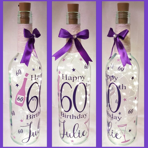 Personalised Birthday light up bottle - gift present.  Name Age.  led vinyl,  Lamp keepsake. 60 30 21 18 40 50 70 80