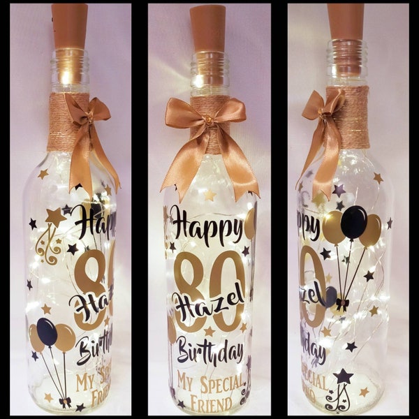 Personalised light up bottle - Age and name.  Birthday Gift present for a friend. 60 21 30 40 50 70 80 led vinyl