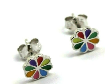 Sterling Silver Children Child Pequeños Esmaltes Flor Pendientes *Gratis post en oz