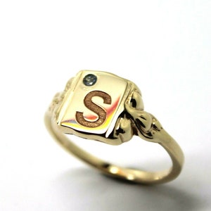 Size L, Genuine Solid 9ct 9kt Yellow, Rose or White Gold Signet Ring + Aquamarine + One Initial