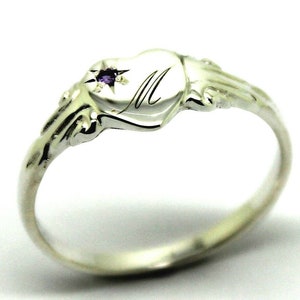 Sterling Silver Heart Amethyst Set Signet Ring Size N Engraved With 1 Initial