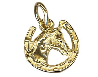 Colgante o dije pequeño de oro amarillo auténtico de 9 quilates con cabeza de caballo en herradura.