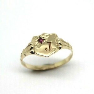 Genuine 9ct Small Yellow  Gold Childs Ruby Shield Signet Ring + engraving of 1 initial A Size O 1/2