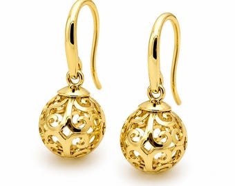Genuine Solid 9ct Yellow, Rose Or White Gold 10mm Euro Ball Drop Hook Filigree Flower Earrings