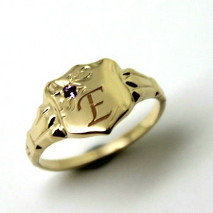 9ct Small Yellow Gold Amethyst Shield Signet Ring + Engraving Of One Initial - Choose your size