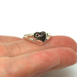 Size O Genuine Large Sterling Silver Heart Set with Garnet Signet Ring 265