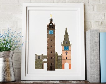 Glasgow Trongate & Tron Theatre Stylish Art Print, Skyline Illustration