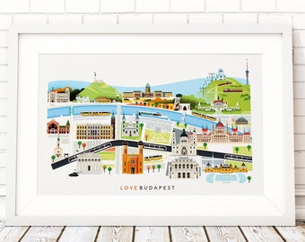 Budapest Cityscape Print, Cheerful Vibrant Art, Hungary Landmarks