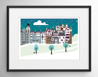 Edinburgh Ramsay Garden Winter Skyline Colourful Art Print, Christmas Gift