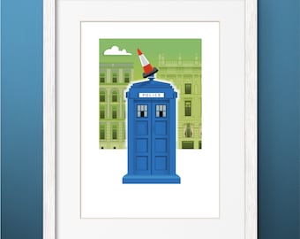 Glasgow TARDIS-Style Police Box with Cone, Illustrated Print